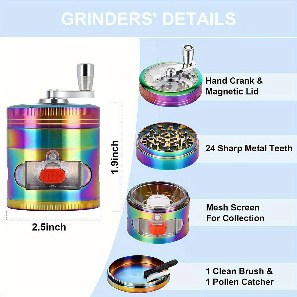 1 Set 2.4" 4-In-1 Rainbow Tobacco Herb Spice Grinder With Handle Crank & Drawer Crusher