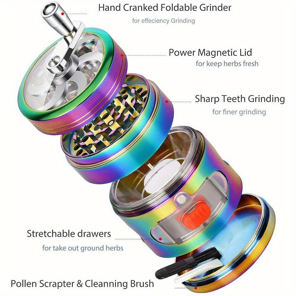 1 Set 2.4" 4-In-1 Rainbow Tobacco Herb Spice Grinder With Handle Crank & Drawer Crusher