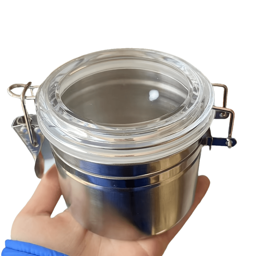 1pc Airtight Smell-Proof Stash Jar with Transparent Lid - Durable Stainless Steel Herb & Tobacco Storage Container, Moisture-Resistant Sealed Canister with Blue Handle and Clasp Closure for Secure Cigarette Storage