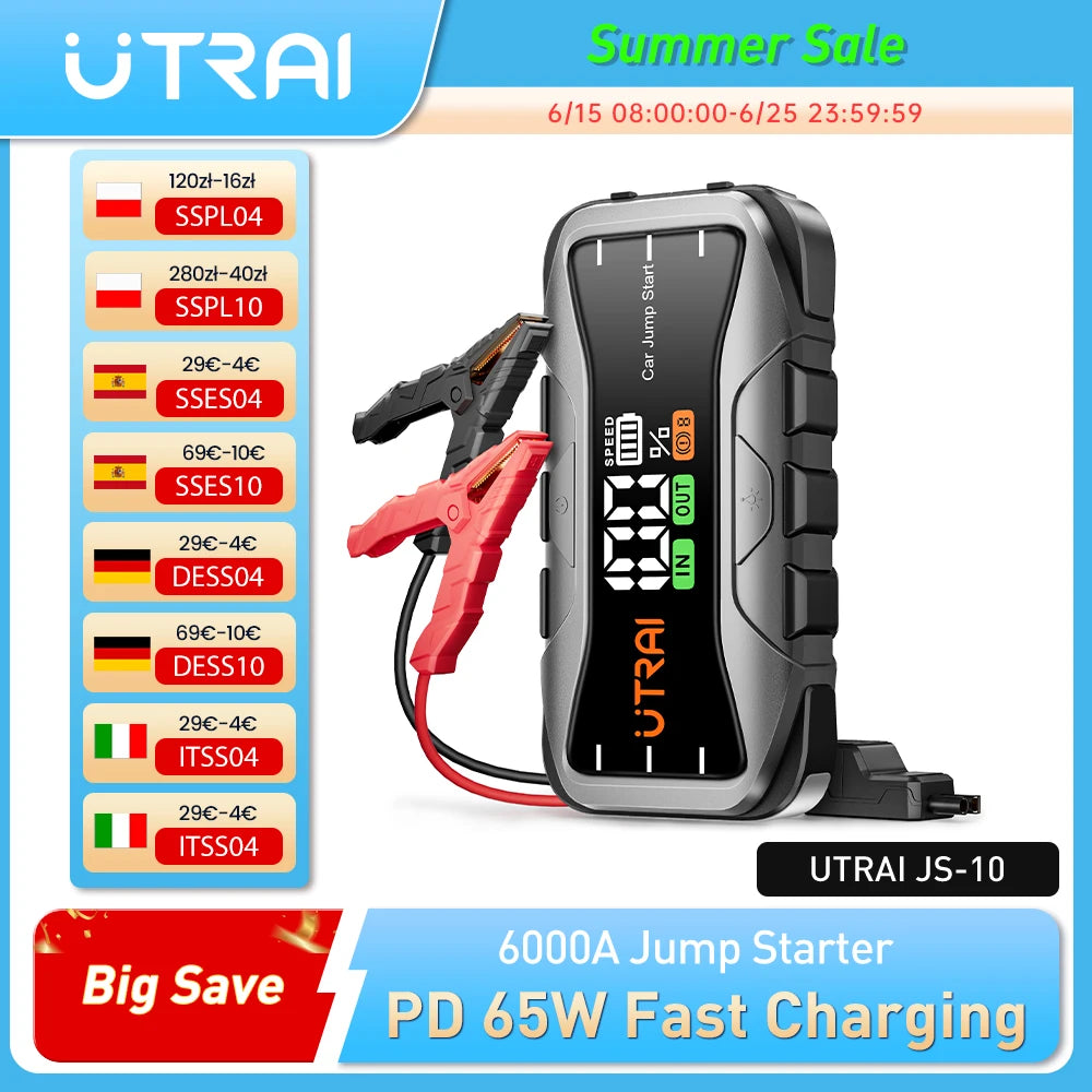 UTRAI  27000mAh Car Jump Starter Power Bank 6000A Car Booster Auto Emergency Starting Device Jump Start for Petrol Diesel
