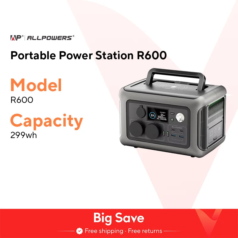 ALLPOWERS Portable Power Station R600, 299Wh LiFeP04 Battery with 2x 600W (1200W Surge) AC Outlets for Outdoor Camping RV Home
