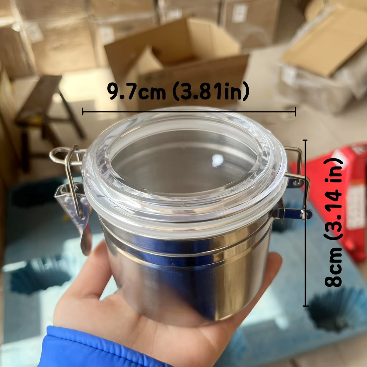 1pc Airtight Smell-Proof Stash Jar with Transparent Lid - Durable Stainless Steel Herb & Tobacco Storage Container, Moisture-Resistant Sealed Canister with Blue Handle and Clasp Closure for Secure Cigarette Storage