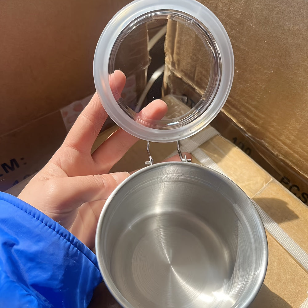 1pc Airtight Smell-Proof Stash Jar with Transparent Lid - Durable Stainless Steel Herb & Tobacco Storage Container, Moisture-Resistant Sealed Canister with Blue Handle and Clasp Closure for Secure Cigarette Storage